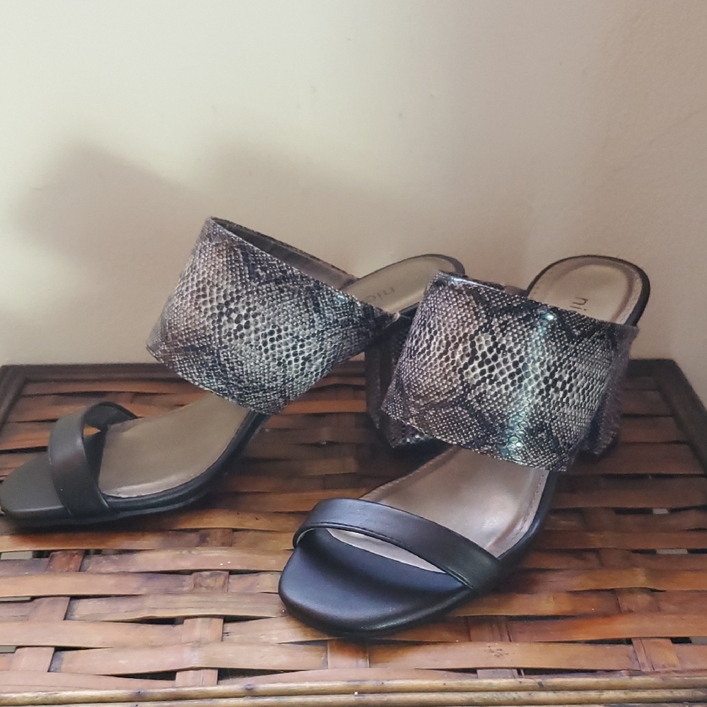 Nicole Black and Snake-Print Slide Heels